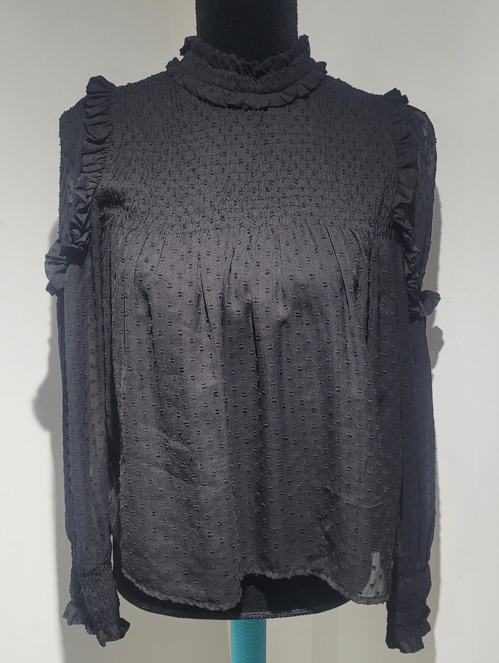 Zara Women's Black Ruffle Swiss Dot Long-Sleeve High Neck Blouse XS Cottagecore